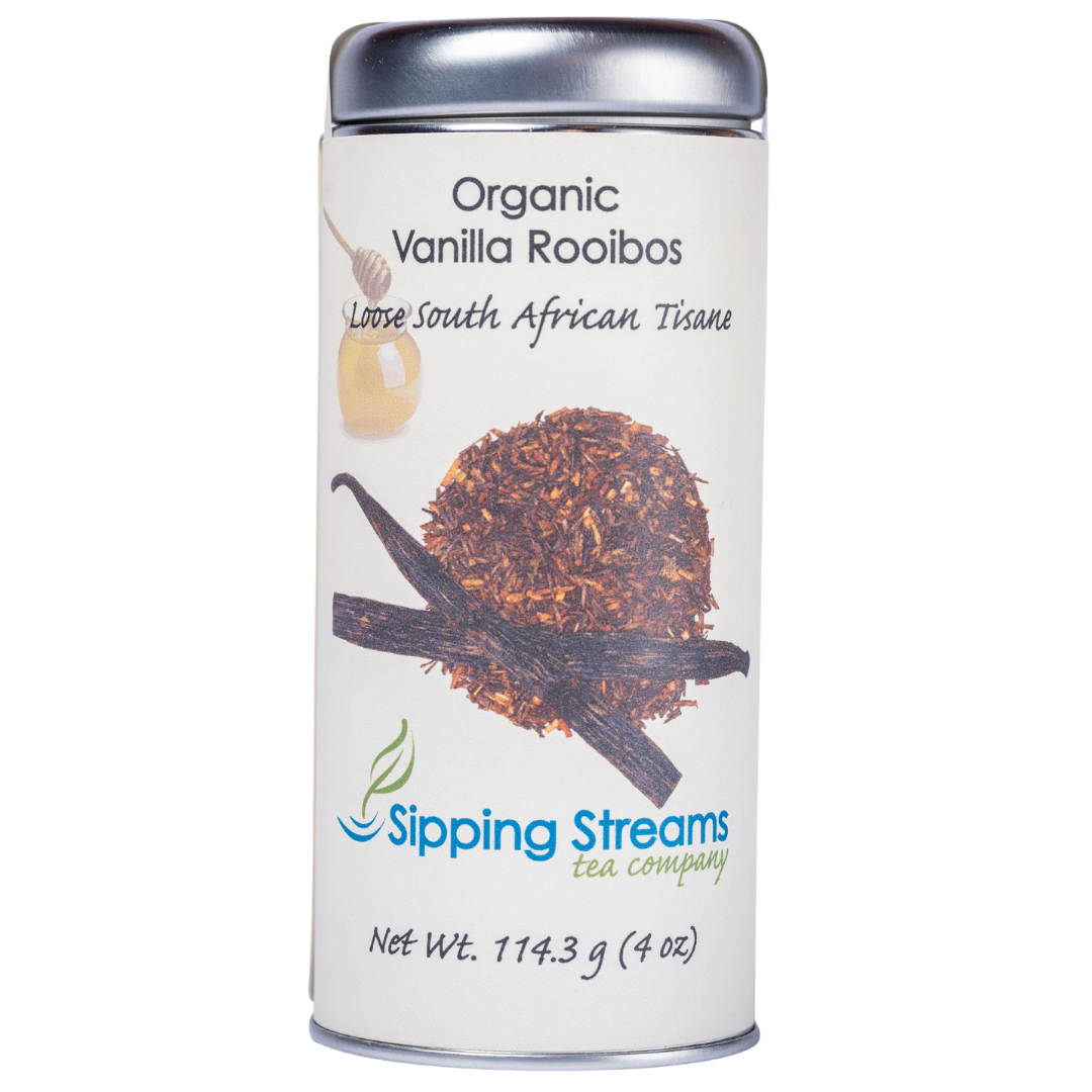 Packaged organic Vanilla Rooibos Tea by Sipping Streams, featuring ingredients like organic rooibos and vanilla, ideal for those seeking the best tea for allergies.