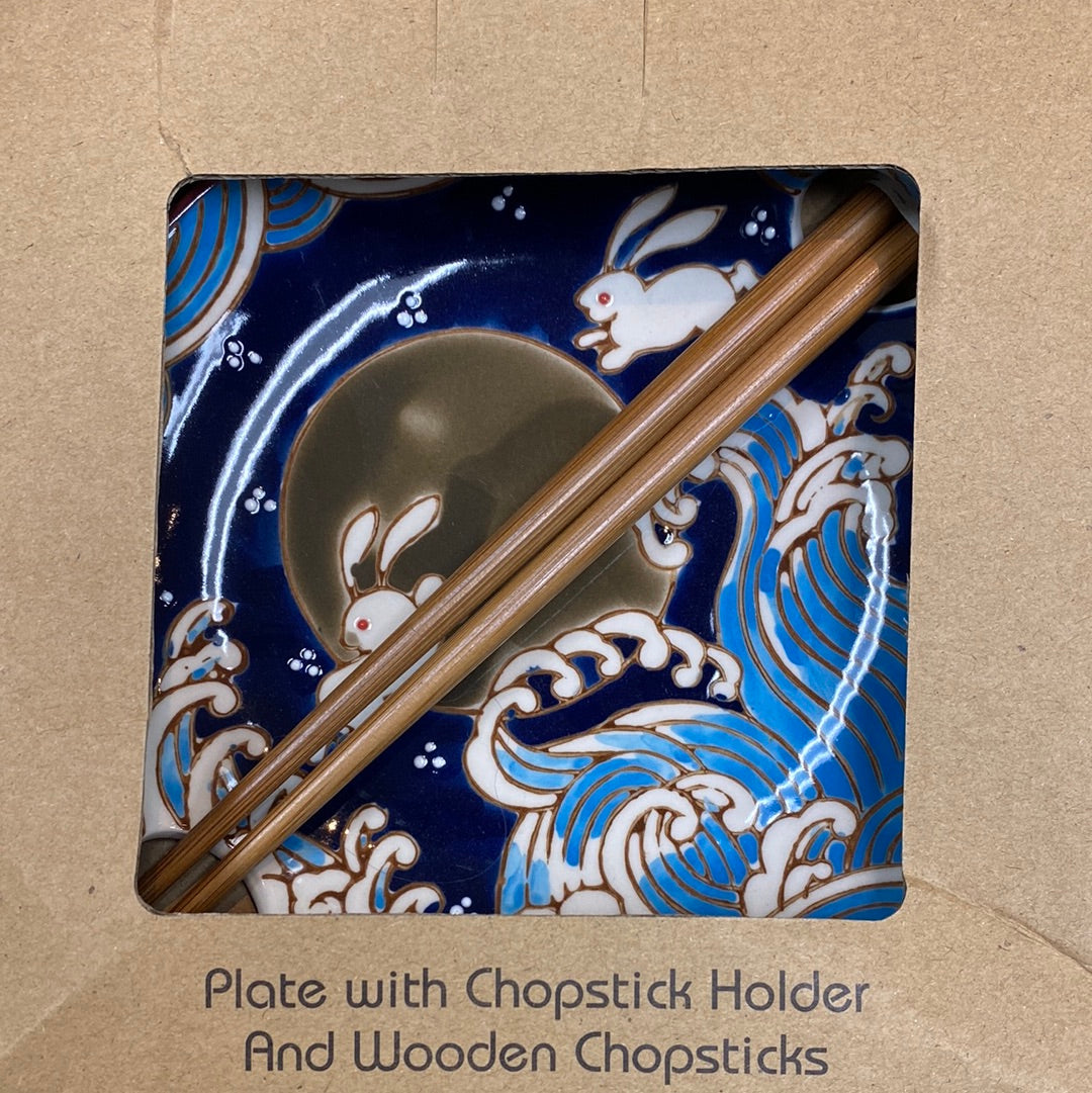 Rabbit Moon Plate w/Chopsticks
