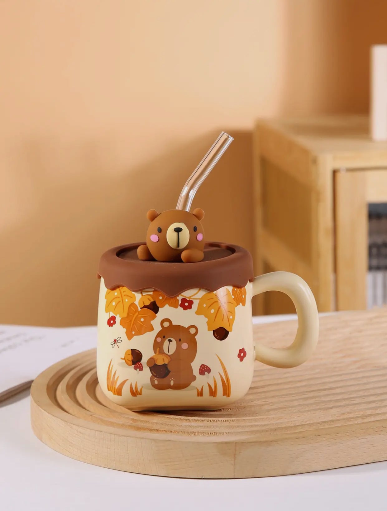 Cute Bear 13oz Mug with Silicone Lid and Glass Straw