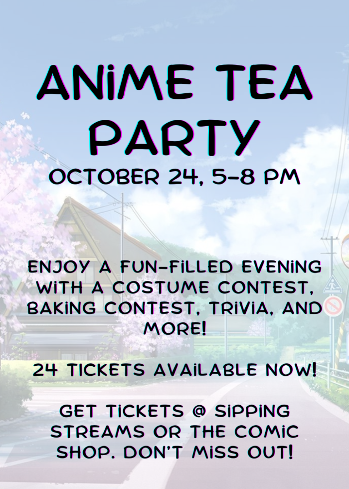 Advertisement for an Anime Tea Party event with a house and cherry blossoms in the background.