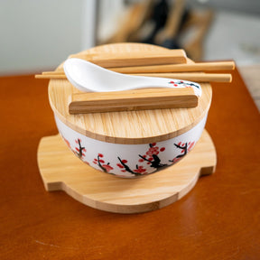 Ume Plum Blossoms Bowl WITH WOODEN LID AND TRIVET SET