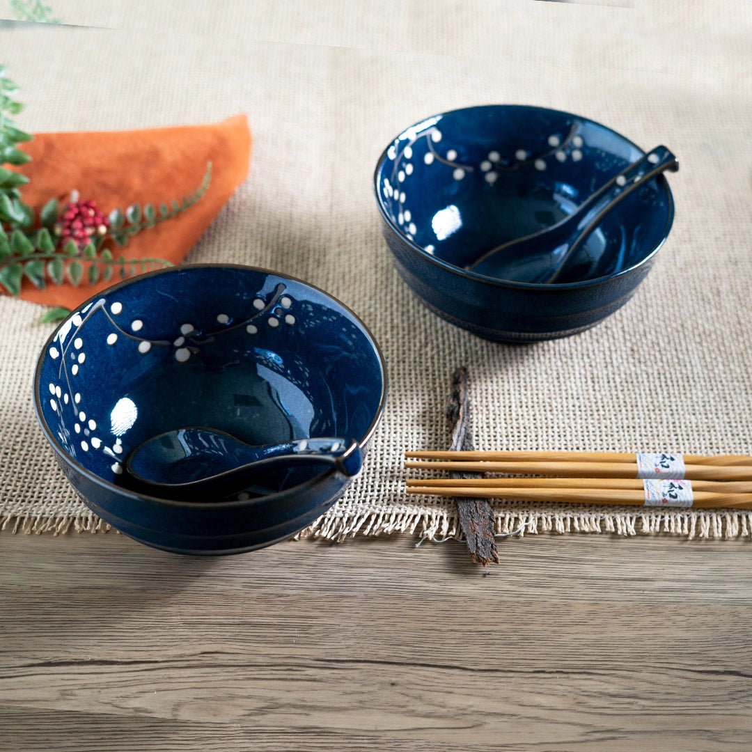 Blue Cherry Blossom Double Bowl Set With Chopsticks and Spoons