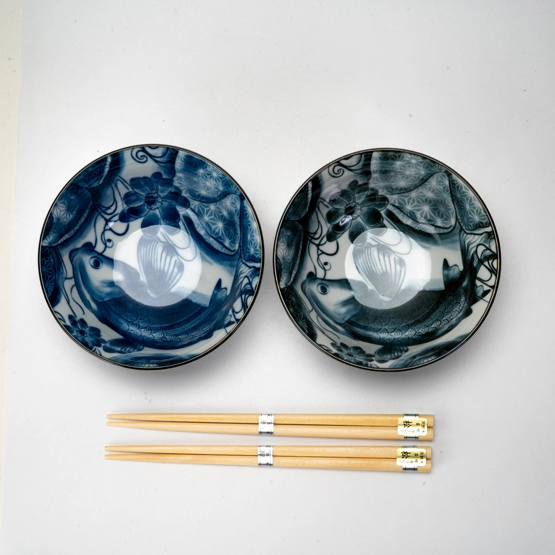 Koi Fish Double Bowl Set With Chopsticks