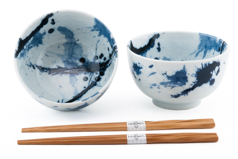White Bowl w/ Artistic Blue Paint: Set for 2