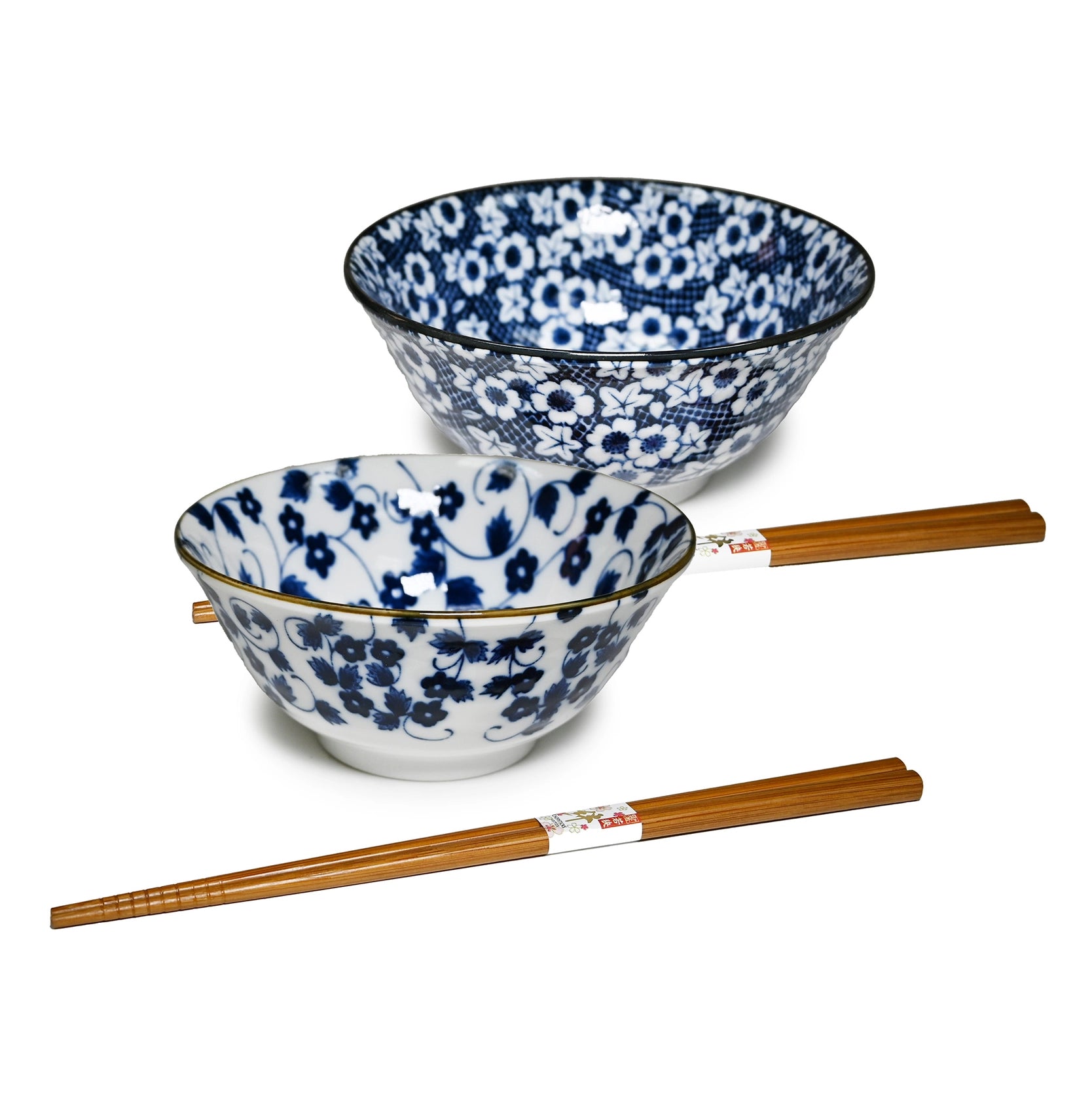 Indigo Florals Rice Bowls and Chopsticks for 2