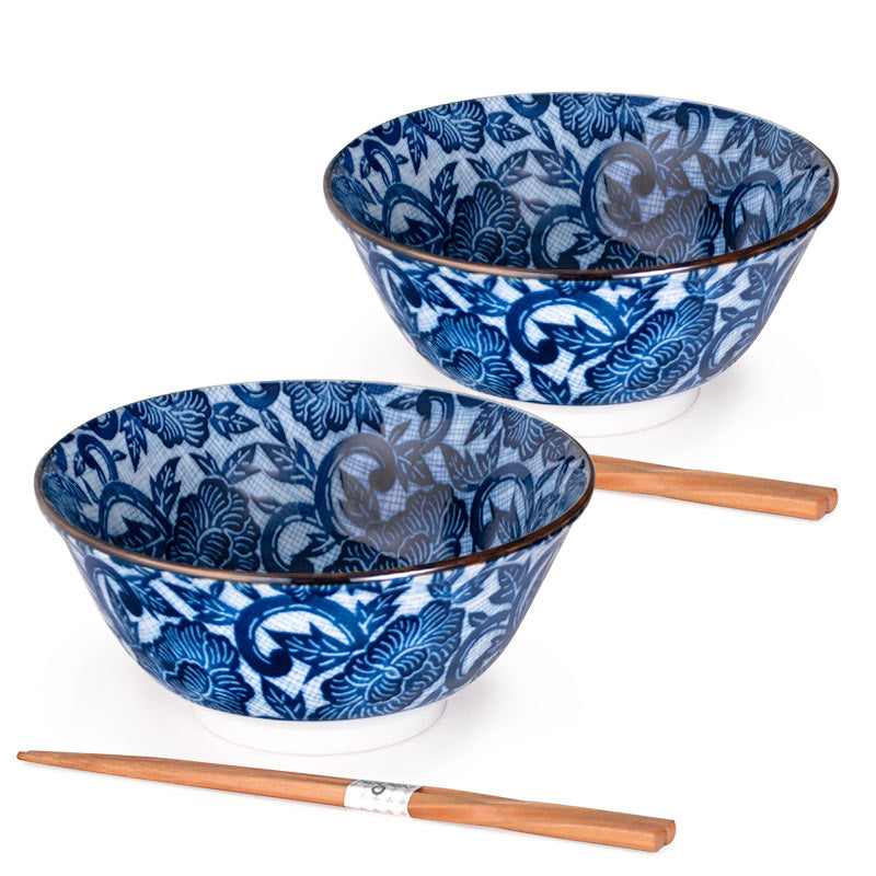Blue and White Peonies Rice Bowls and Chopsticks for 2