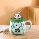 Bamboo Panda 13oz Mug with Silicone Lid and Glass Straw