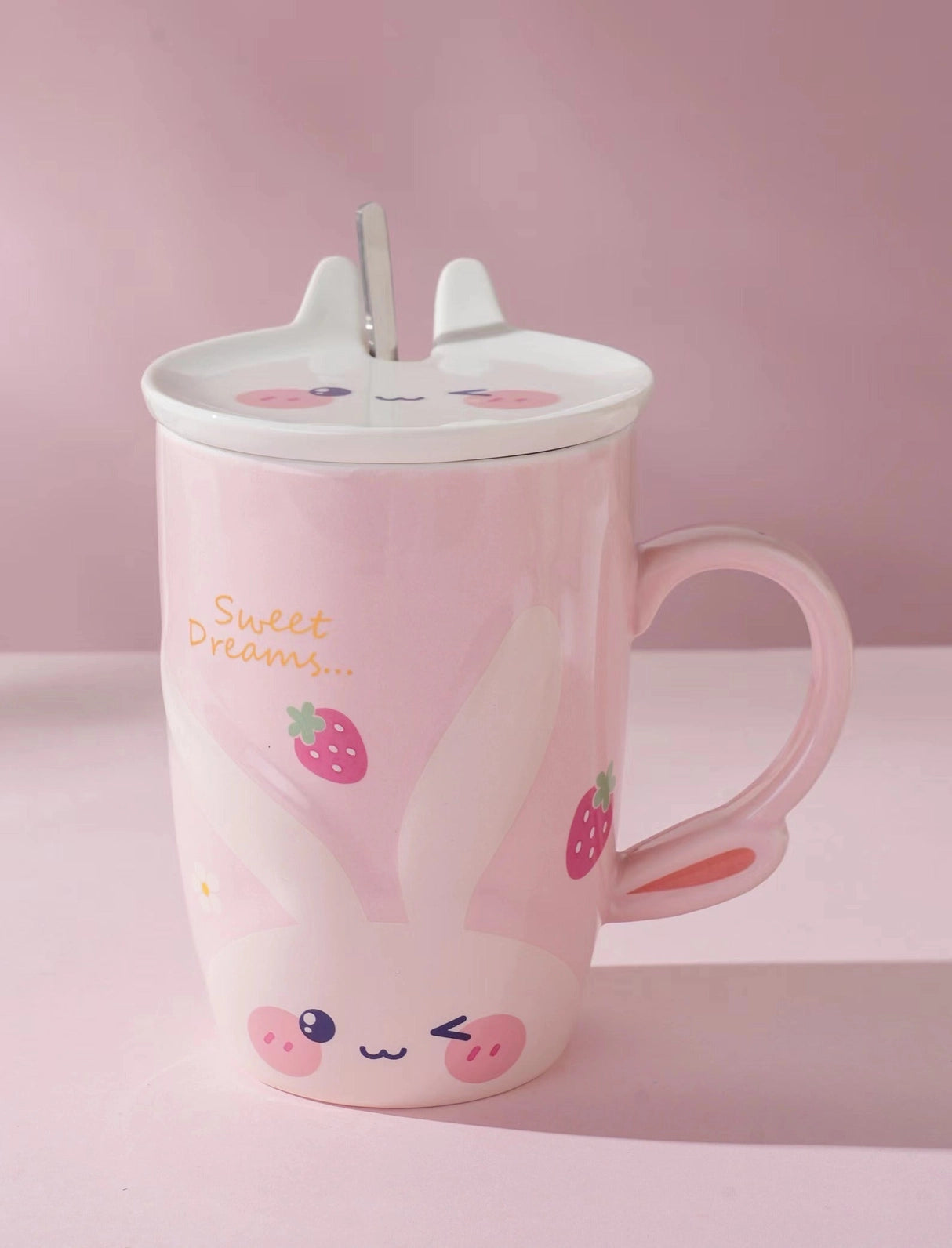 Bunny Happy Rabbit White 14oz Mug with Lid and Spoon