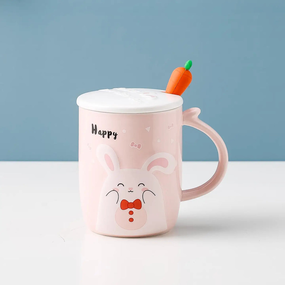 Bunny Happy Rabbit White 14oz Mug with Lid and Carrot Spoon