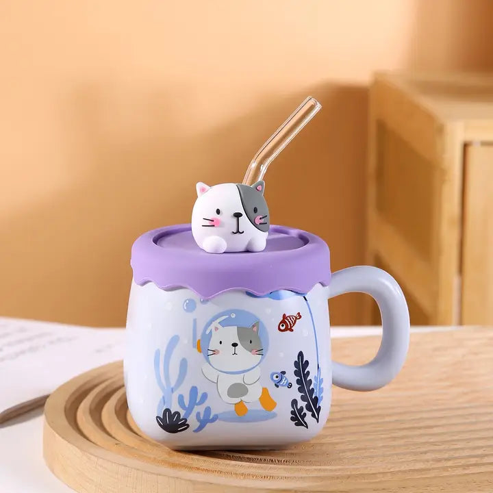 Cat Diving 13oz Mug with Silicone Lid and Glass Straw