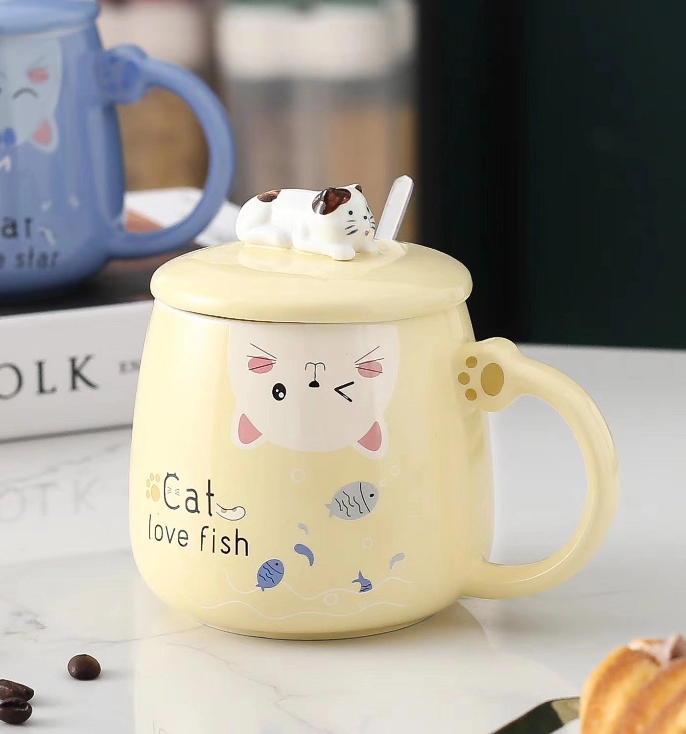 Cat Love Fish 15oz Mug with Lid and Spoon