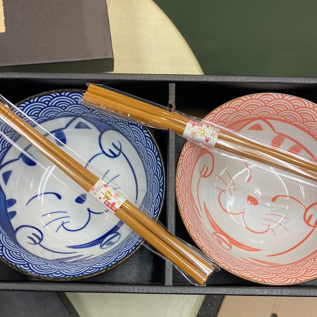 Red and Blue Cat Rice Bowls and Chopsticks for 2
