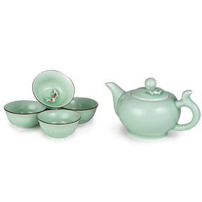 Hotumn Celadon Teacup Set - Chinese Kungfu Teacups With Fishes & Lotus Pattern (3-Piece)