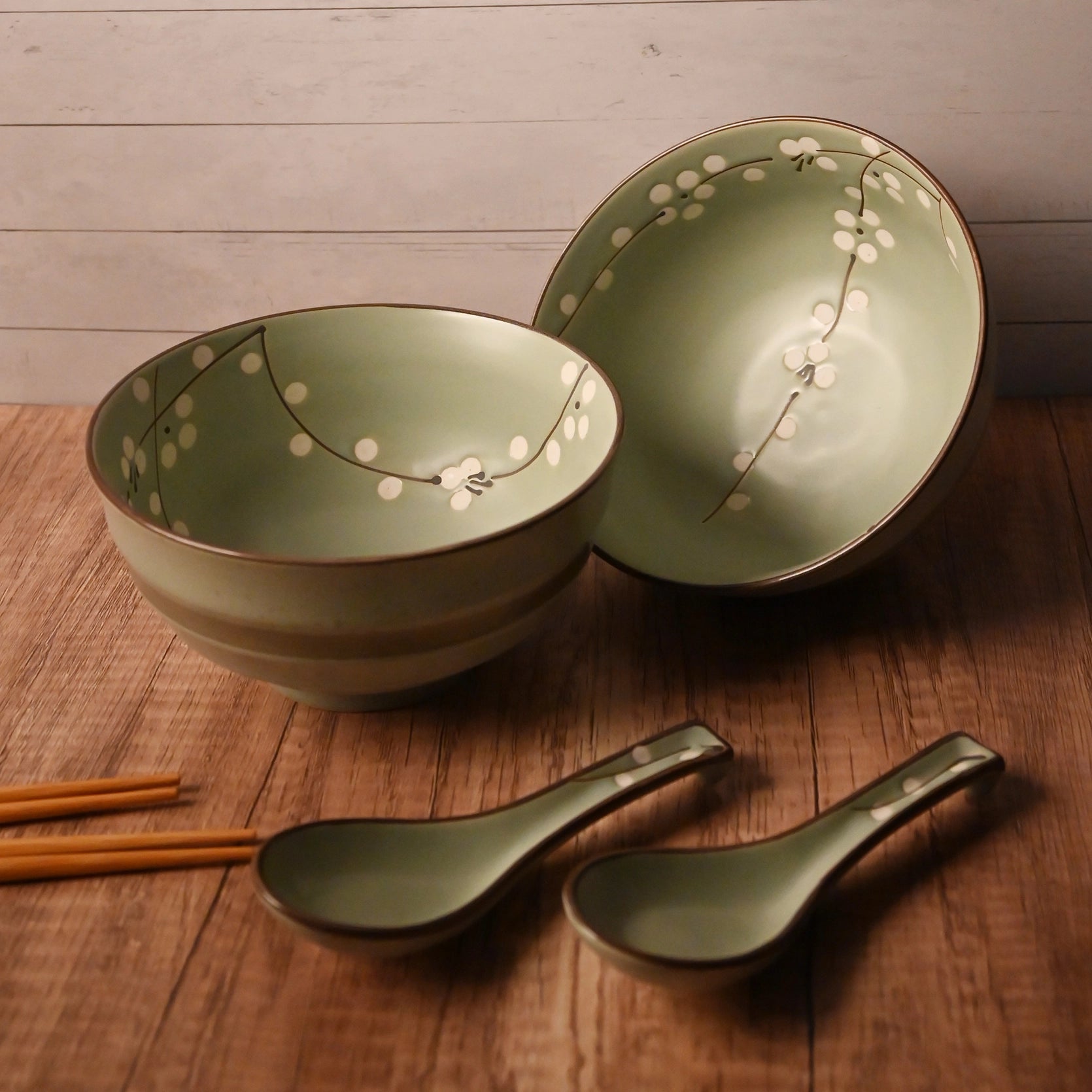 6" Misty Flowers Ceramic Bowl Set w/ Spoon & Chopsticks –  Double Bowl Set