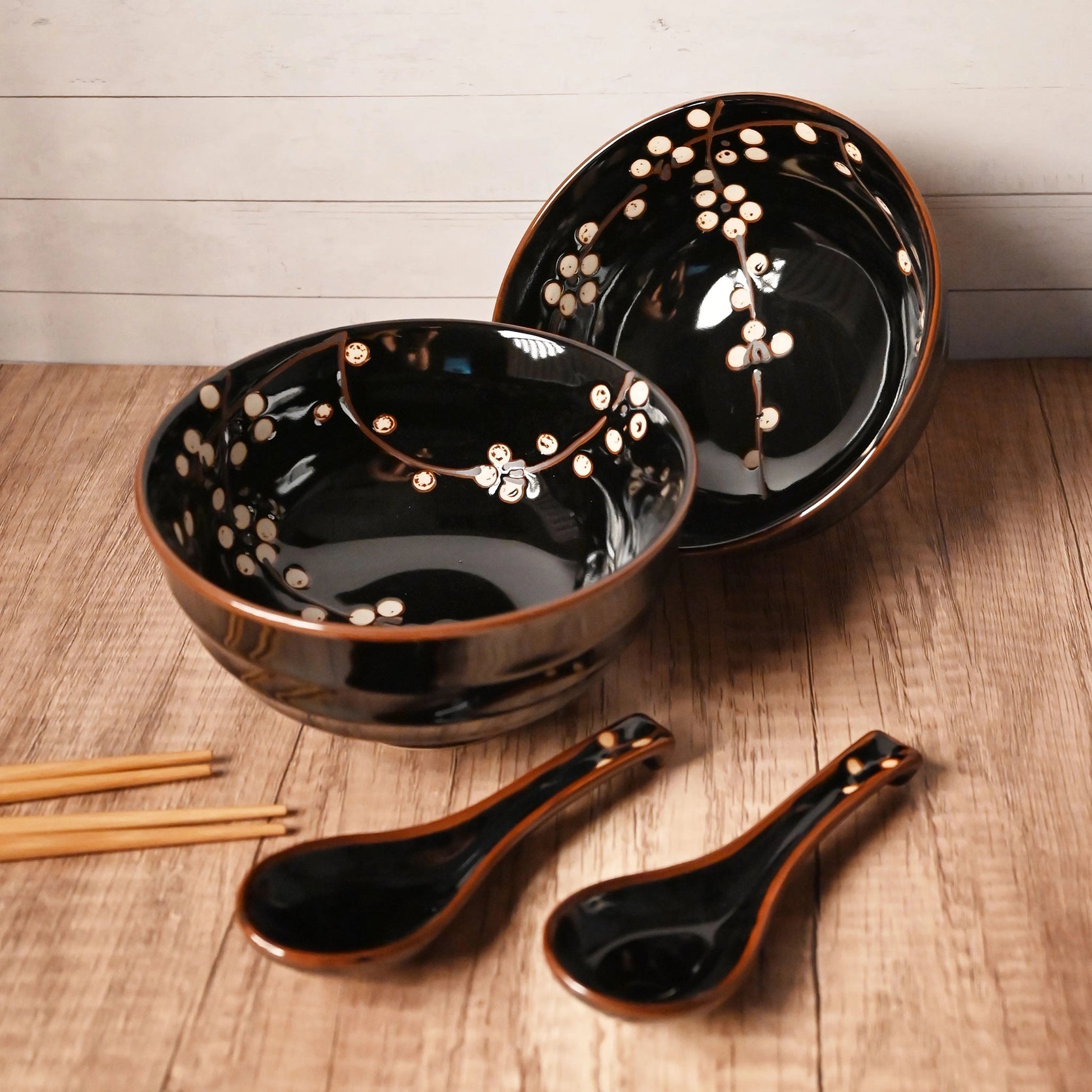 6" Night Flowers Ceramic Bowl Set w/ Spoon & Chopsticks –  Double Bowl Set
