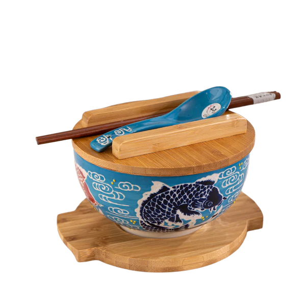 Japan Koi Fish Bowl WITH WOODEN LID AND TRIVET SET