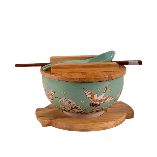 Japanese Crane Bowl WITH WOODEN LID AND TRIVET SET