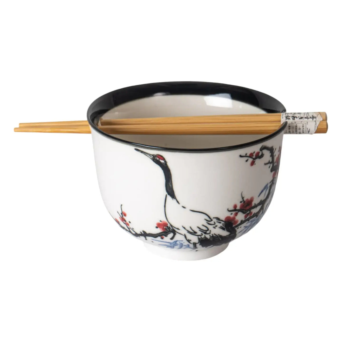 Ceramic bowl with an elegant Japanese crane design and included chopsticks. Bowl holds 18 oz and is 5 inches wide—perfect for noodles, soups, or rice.