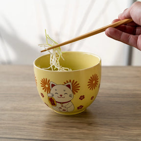 Lucky Cat Yellow Bowl 2-Sided