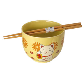 Lucky Cat Yellow Bowl 2-Sided