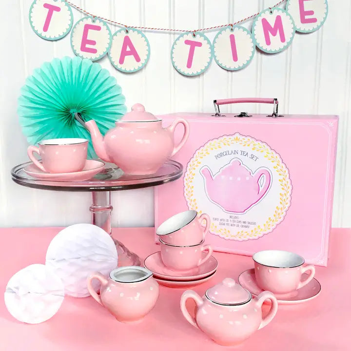 Pink Porcelain Children's Tea Set with silver edging in a beautiful carrying case | Sipping Streams