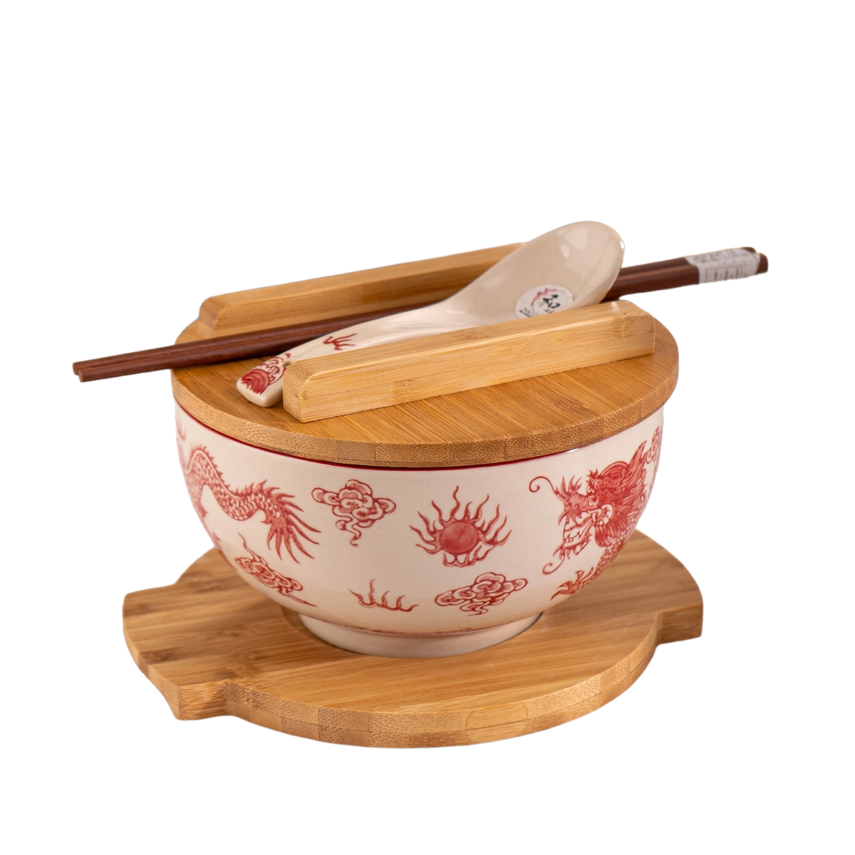 Red Dragon Bowl WITH WOODEN LID AND TRIVET SET