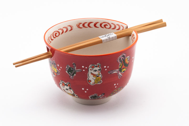 Red Lucky Cat Bowl w/Chopsticks