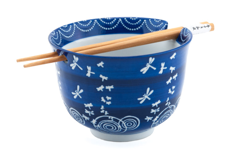 Midnight Pond Blue Dragonfly Bowl w/Chopsticks