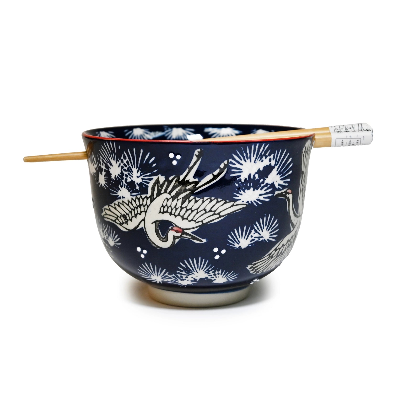 White Cranes on Navy Bowl w/Chopsticks