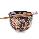 Kwan Yin Flowers Black Bowl w/Chopsticks