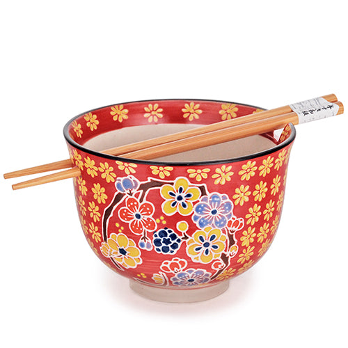 Red Bowl with Flower and Chopsticks