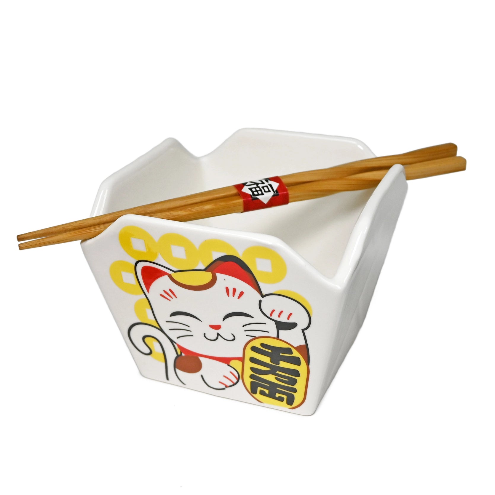 Lucky Cat Takeout Box Serving Bowl with Chopsticks