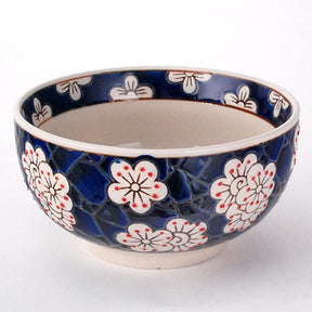 Blue Mosaic White Flowers Bowl With Wooden Lid and Trivet Set