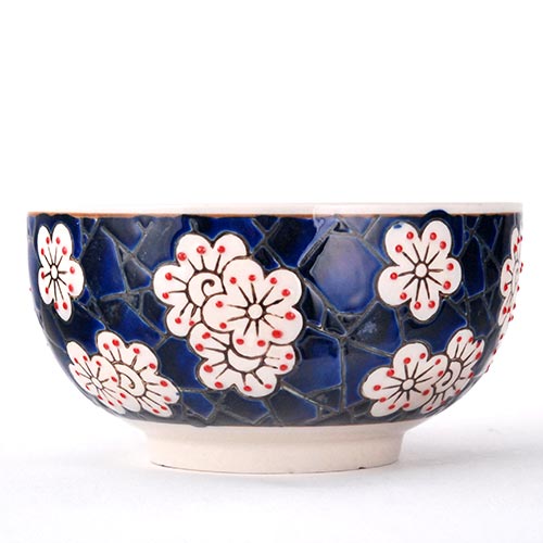 Blue Mosaic White Flowers Bowl With Wooden Lid and Trivet Set