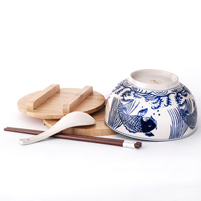Blue Koi on White BOWL WITH WOODEN LID AND TRIVET SET
