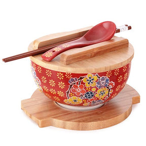 Red Bowl With Multi Color Flowers Bowl With Wooden Lid and Trivet Set