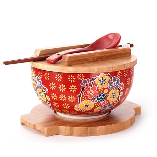 Red Bowl With Multi Color Flowers Bowl With Wooden Lid and Trivet Set
