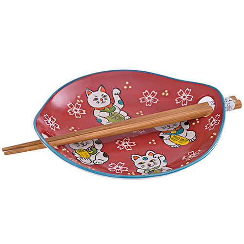 Red Lucky Cat Plate w/Chopsticks