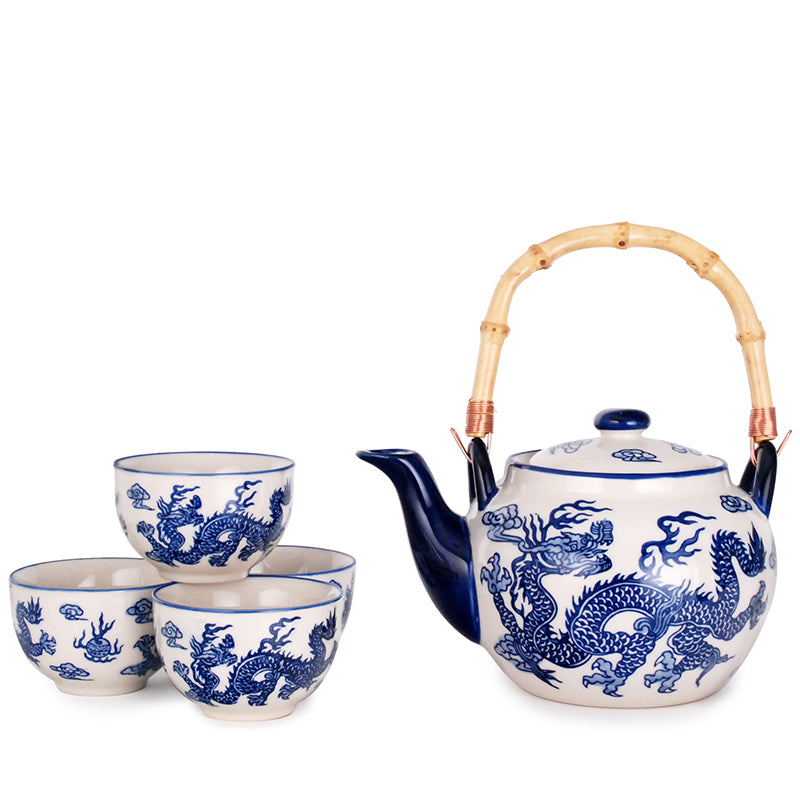 Blue Dragon Ceramic Tea Set with Bamboo Handle
