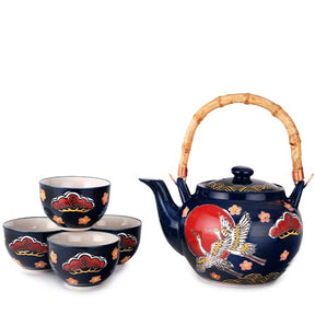 Crane Ceramic Tea Set with Bamboo Handle