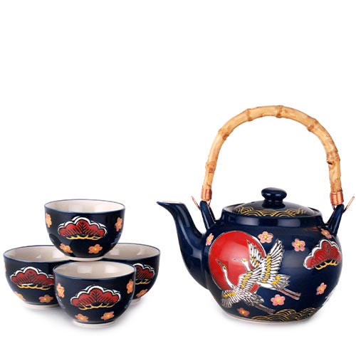 Crane Ceramic Tea Set with Bamboo Handle