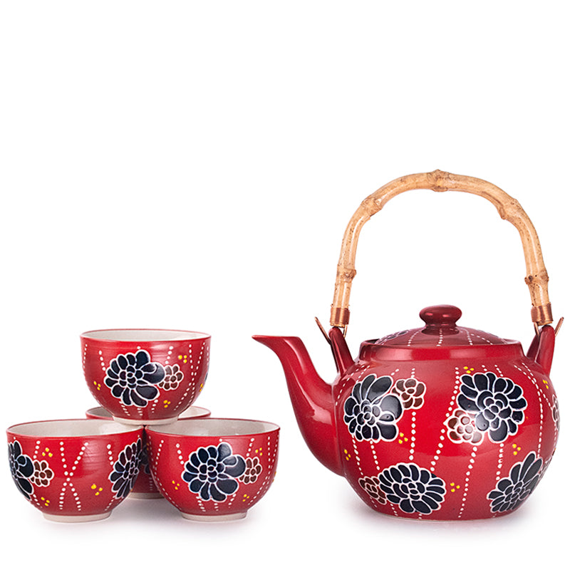 Red Tea Set with Dark Flowers