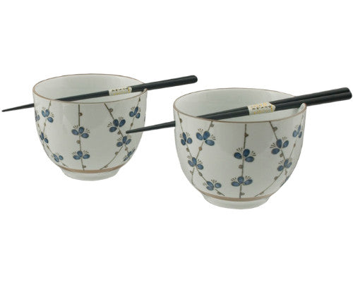 White Noodle Bowls w/ Blue Flowers and Chopsticks: Set of 2