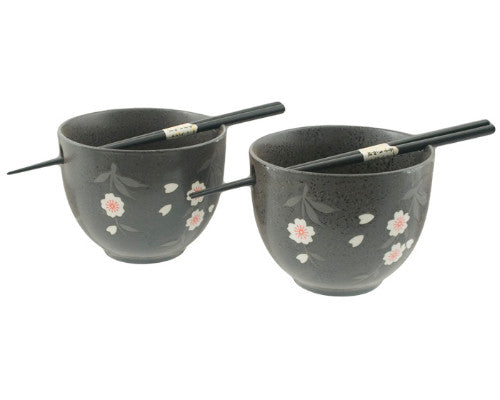 Black Bowl w/Plum Flowers Noodle Bowls and Chopsticks for 2