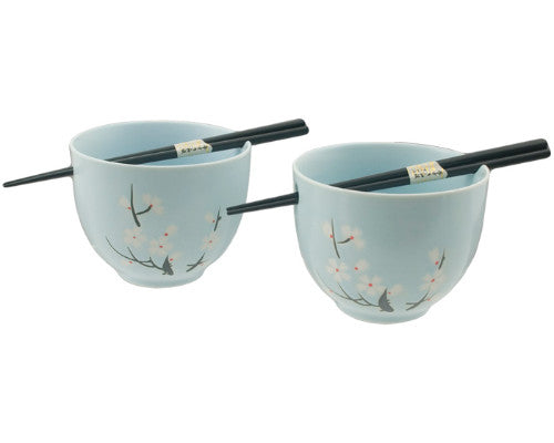 Blue Bowls with White Flowers: Set of 2
