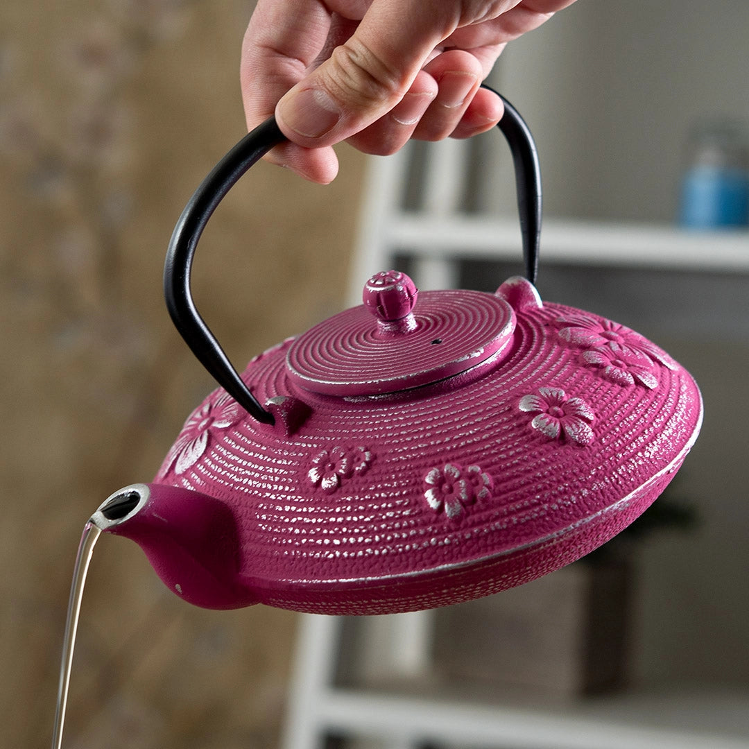 Magenta Ume Plum Blossoms 27 oz Cast Iron Tea Pot
