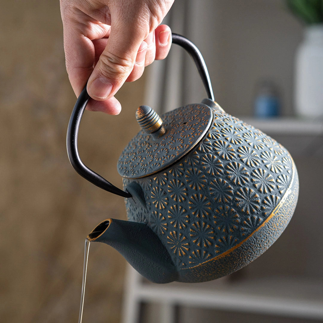 Teal Blue Plum Flower 32 oz Cast Iron Tea Pot