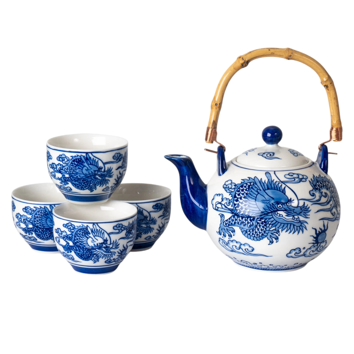 Round Oriental Ryu Dragon Tea Set 30 oz Tea Pot with 4 Cups