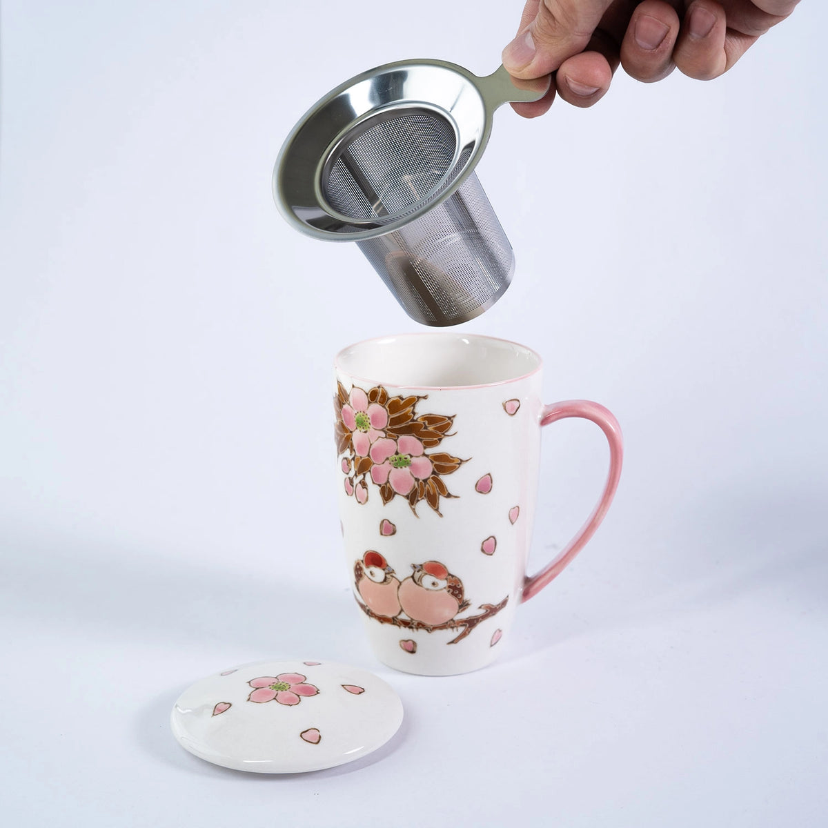 Twin Sparrows Cherry Blossoms Design 15oz Mug with Infuser