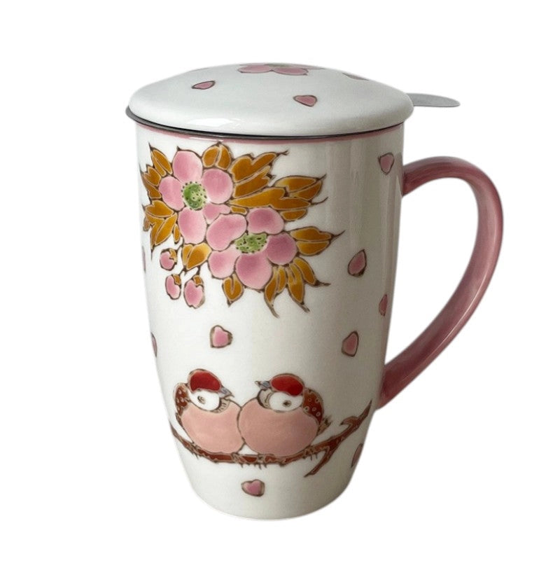 Twin Sparrows Cherry Blossoms Design 15oz Mug with Infuser